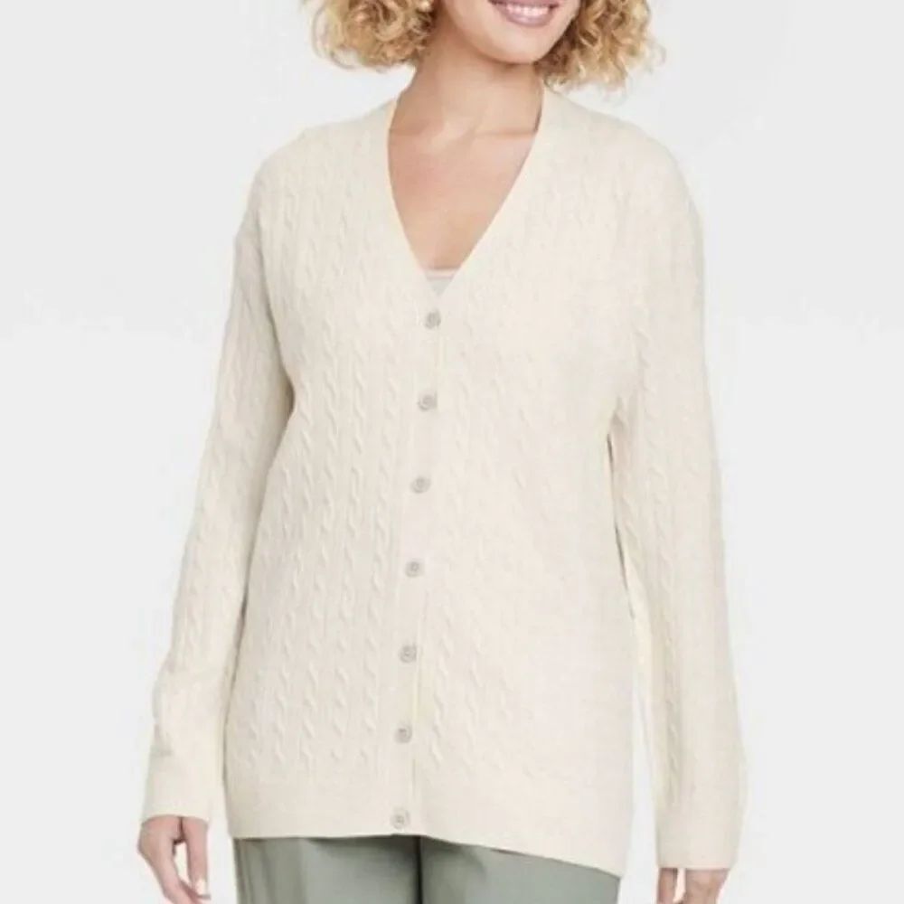 A New Day Cable Knit Cream Cardigan Size S Button Front Sweater Tunic Length